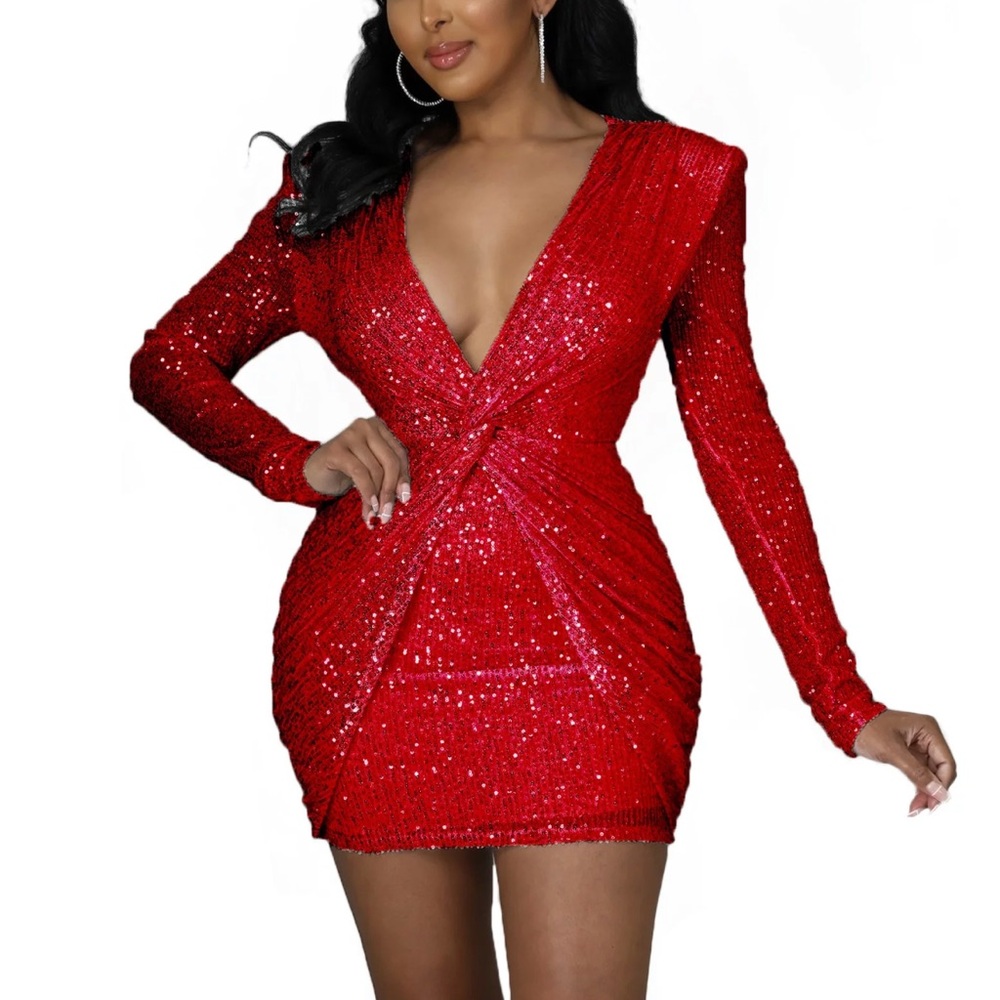 Glamorous Long Sleeve Red Sequin Dress